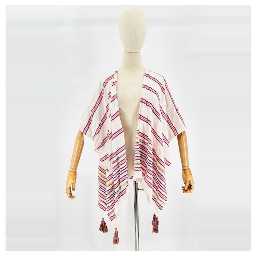 Boho Woven Striped White Pink Tassel Hem Shawl Kimono